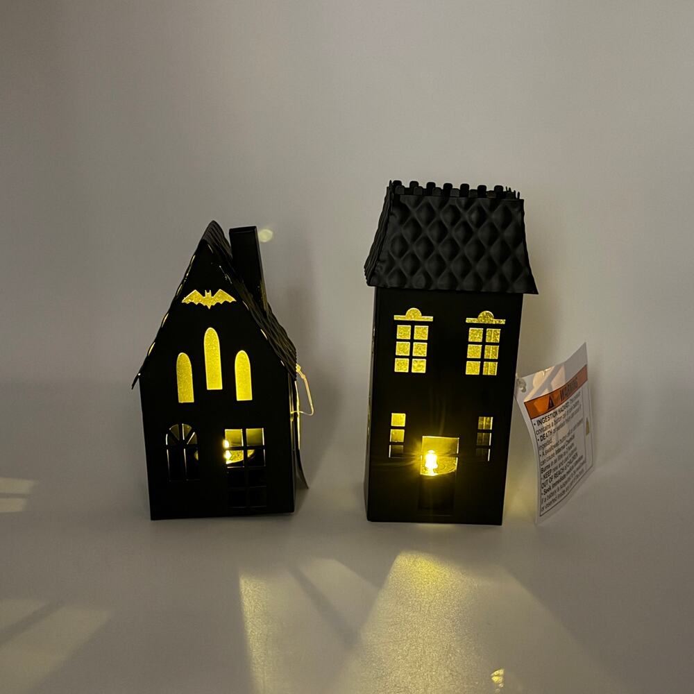 2 Small Black Metal Light Up LED Haunted House Set Halloween NEW
